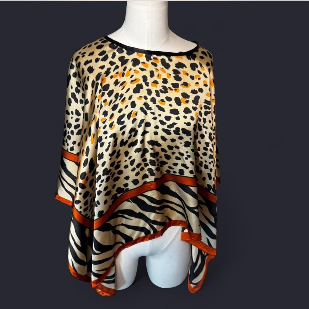 Leopard Print Poncho silky Top Orange Accents multiple animal prints festival
